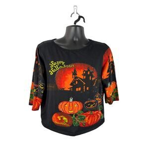 Vintage Y2K Halloween Graphic Longsleeve Top Sequin Pumpkins Spooky Size Medium
